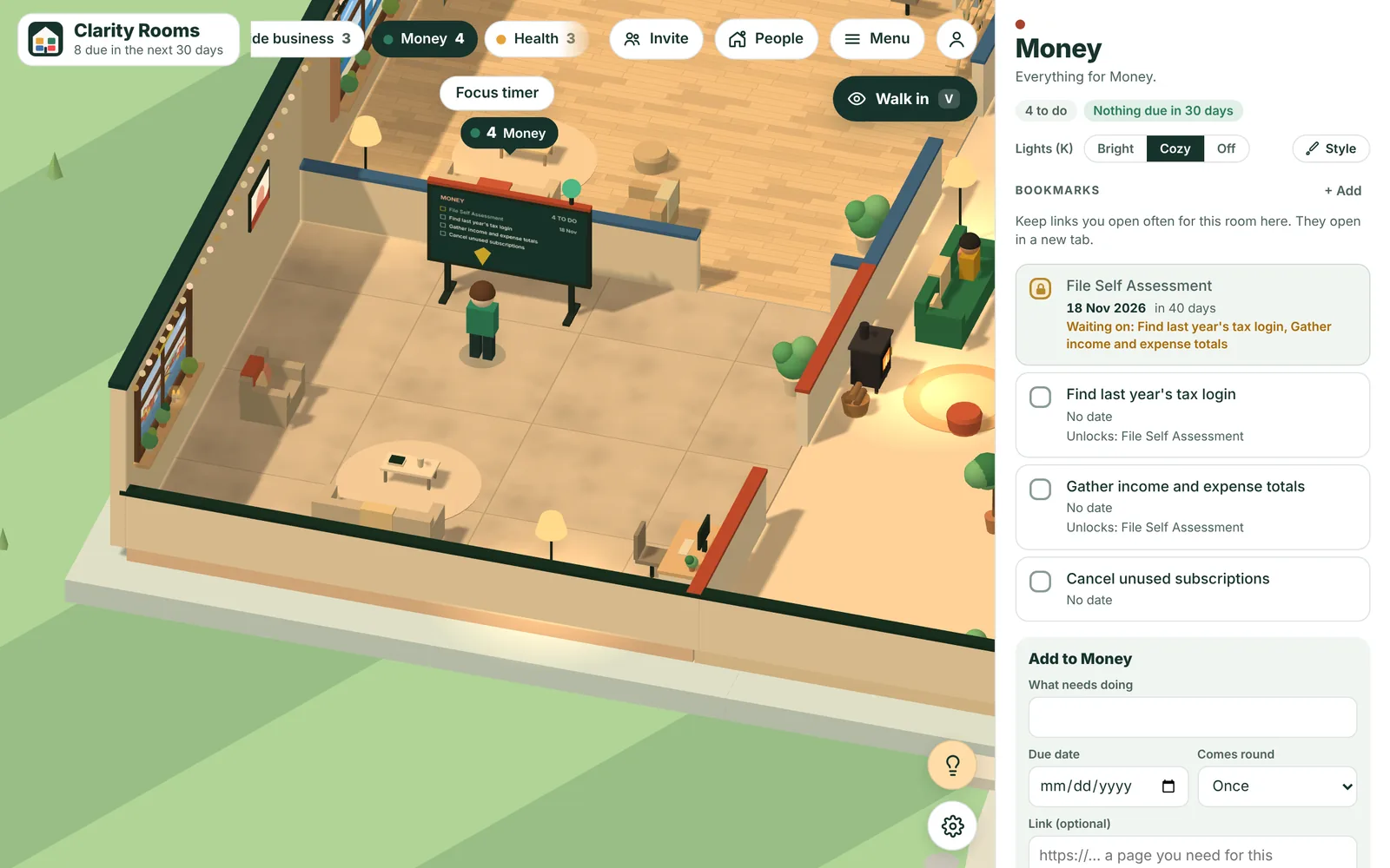 The Money room in Clarity Rooms. The task File Self Assessment is locked, waiting on two smaller steps: find last year's tax login, and gather income and expense totals