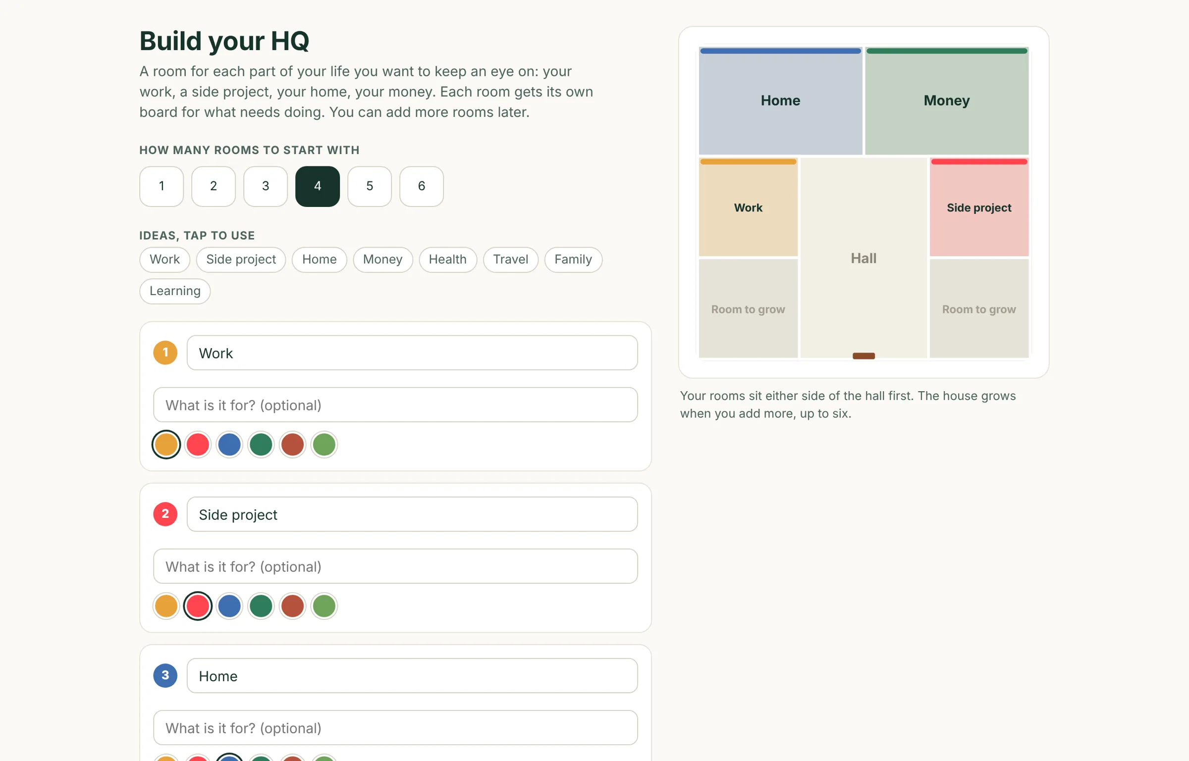 The builder: choose how many rooms, name each one, and see the floor plan fill in.