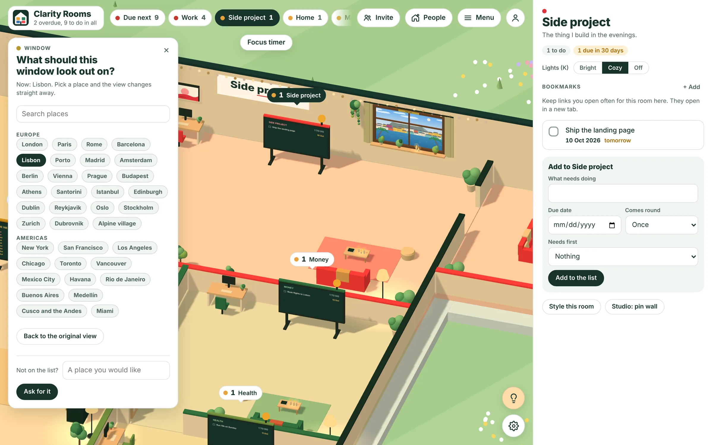 The window picker, with places grouped by region: London, Paris, Lisbon, New York and more.